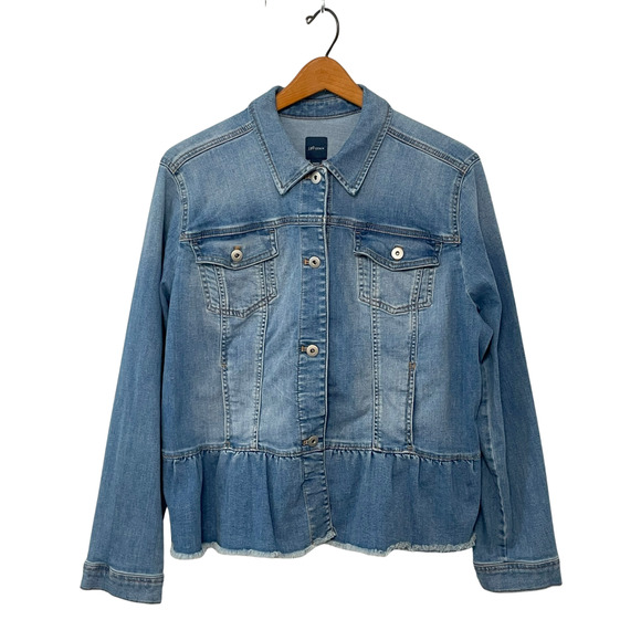 J. Jill Sz L Jean Jacket Button Front Ruffle Peplum Distressed Blue Denim Retro - Picture 1 of 13